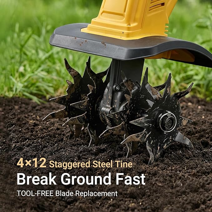 Cordless Brushless Garden Tiller Cultivator Compatible with dewalt 20v Battery (Tool Only), 10’’ Wide 7’’ Deep Electric Soil Rototiller, 48-Tine Mini Rotary Areator for Garden Beds & Soil Preparation