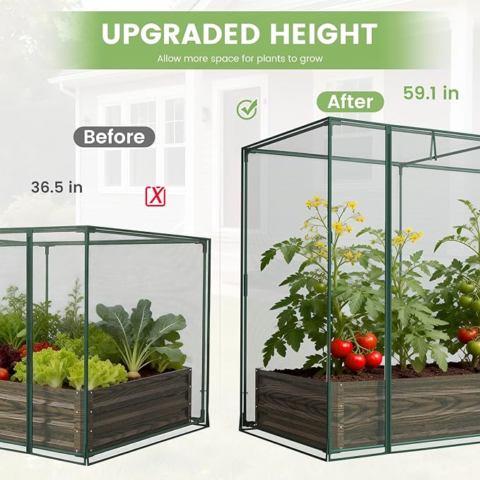 DoCred Crop Cage with Raised Garden Bed, 84.6" x 45.3" x 59" Plant Protection Tent Garden Cages with Window, 2 in 1 Galvanized Raised Garden Bed Kit and Mesh Cover for Garden, Yard, Lawn
