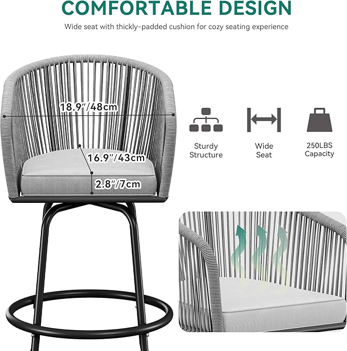 YITAHOME Counter Height Bar Stools Set of 2, Outdoor Bar Stools with Soft Cushions, Patio Rattan Swivel Bar Chairs for Backyard Poolside, Garden w /360 Rotation (Gray)