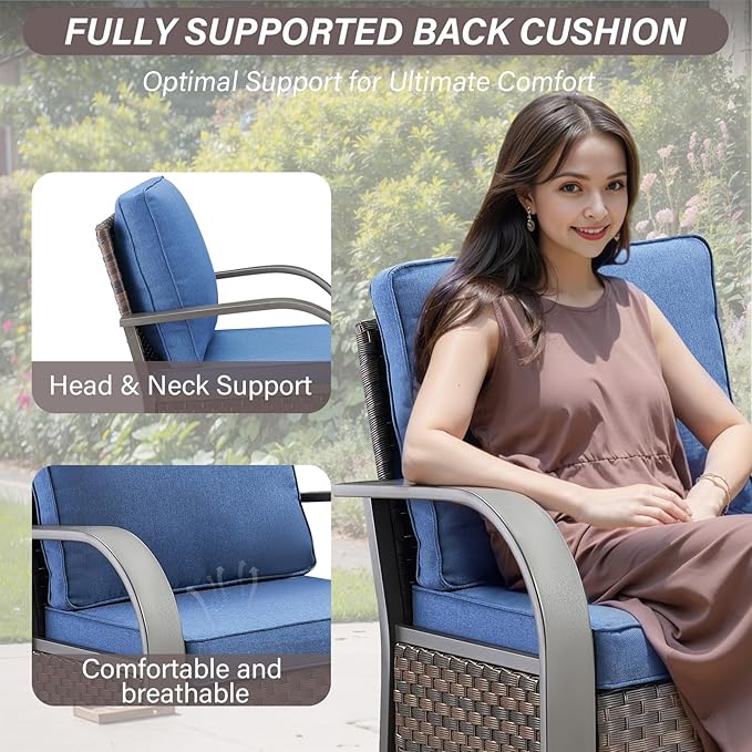 Belord Outdoor Swivel Rocker Patio Chairs Set of 2, 3 Piece Wicker Patio Bistro Set with Metals Side Table and Comfort High Back 4" Cushion Outdoor Patio Glider Chair for Balcony Deck Porch