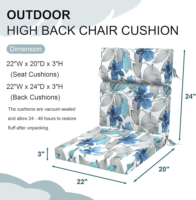 DYTXIII Outdoor High Back Chair Cushions Set of 2, 44"x22" Water Repellent Patio Seat Cushions with Elastic Sponge, All Weather Chair Pads for Rocking, Dining, Patio Furniture - Clemens Noir Blue