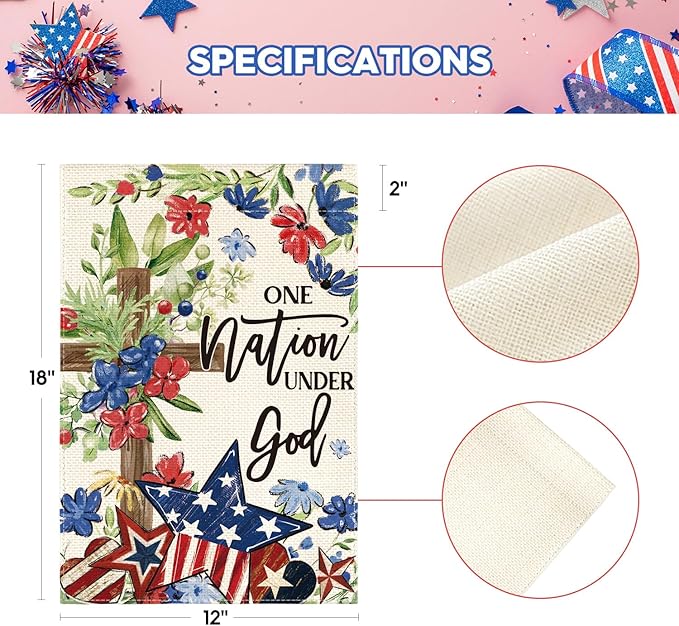 AVOIN colorlife Memorial Day Patriotic 4th of July Garden Flag 12x18 Inch Double Sided Outside, Flowers Cross Yard Outdoor Decoration