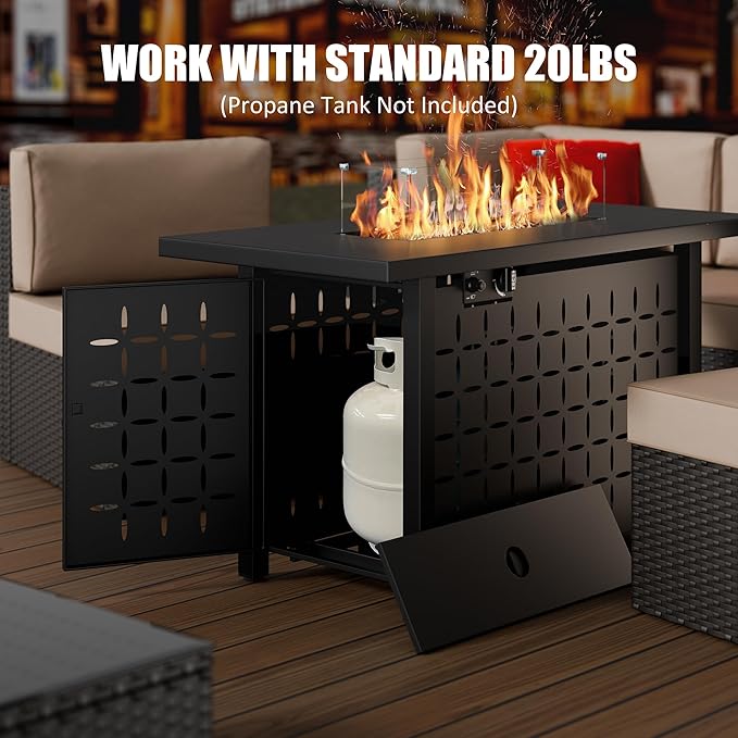 Vongrasig 8 Pieces Patio Furniture Set with 43" Fire Pit, Outdoor Couch Sectional Set, Small Conversation Set, 50,000 BTU Gas Fire Pit Propane Fire Table with Lid, Glass Wind Guard, Red