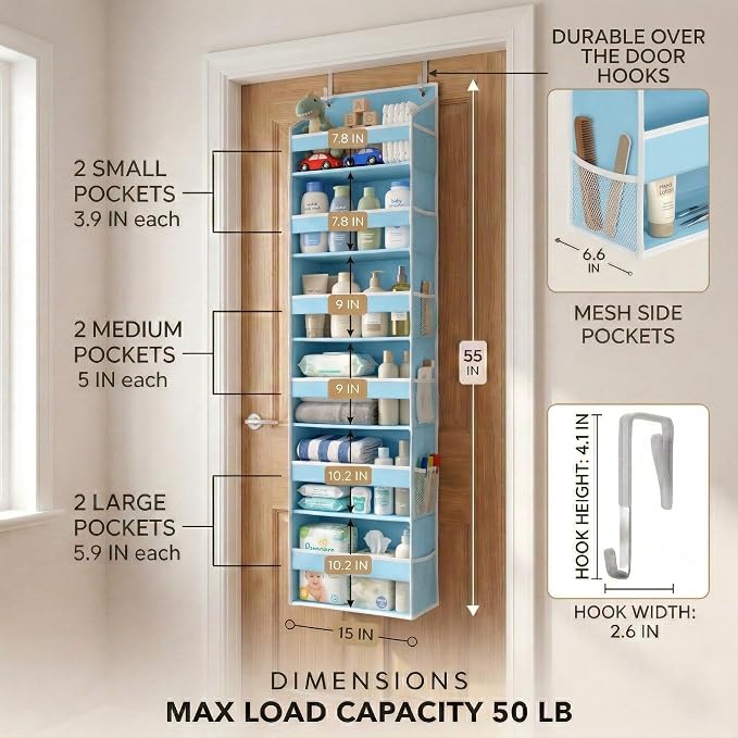 HOMELUX THEORY Over the Door Organizer, 6-Tier, 100D Fabric, Baby Blue 1pc | Over the door shoe organizer, 50 lbs capacity, 12 side mesh pockets, 100D extra thick fabric, Closet & entryway storage