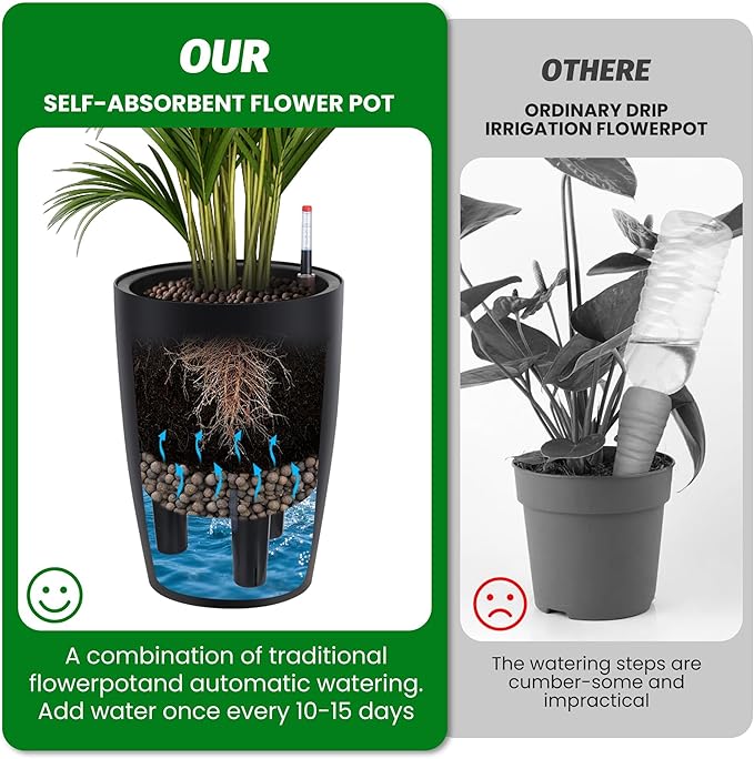 16" Tall Round Planter Set of 4, Self Watering Pots, Large Planter for Indoor Outdoor Plants, Built-in Drainage and a Water Level Monitor, for Patio, Porch, Living Room, or Home Office, Black