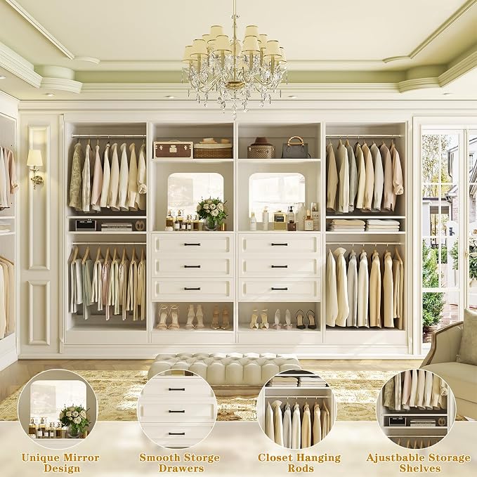 Unikito Closet System, 100" Closet Organizer with Drawers & Mirrors, White