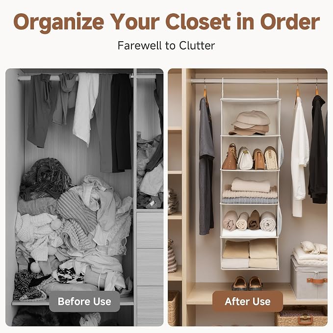 StorageWorks Hanging Closet Organizer for Small Closets, 5 Shelf | Add More Storage to Small Closets with 5 Reinforced Shelves, Perfect for Bedroom, Dorm and RV, Ivory White