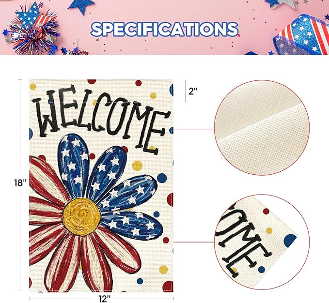 AVOIN colorlife 4th of July Patriotic Garden Flag 12x18 Inch Double Sided Outside, Memorial Day Welcome Floral Daisy Yard Outdoor Decoration