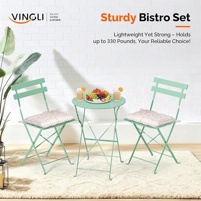 VINGLI Outdoor Folding Bistro Table and Chairs Set of 2, 3-Piece Bistro Set with Premium Steel Frame and Comfortable Cushions for Patio, Balcony, Garden, Porch, Yard, Green