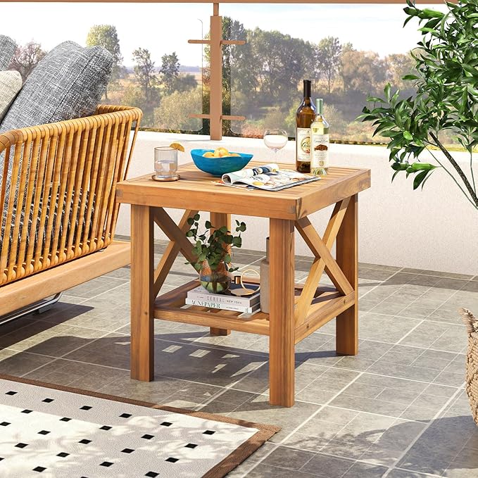 Tangkula Outdoor Side Table, 2-Tier Acacia Wood Adirondack Bistro Table with Slatted Tabletop & Storage Shelf, Small Square Patio Table for Yard, Deck, Garden, Poolside (1)