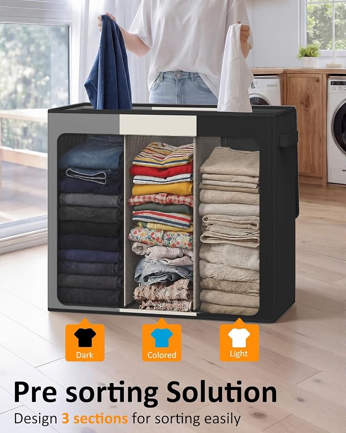 Optish 180L Laundry Hamper 3 Section, Large Hamper with Mesh Bags & Lid | Detachable 3 Inner Bags, Extra Large Laundry Basket Organizer for lots of Clothes, Pants, Bedroom, Bathroom, Load 50 lbs