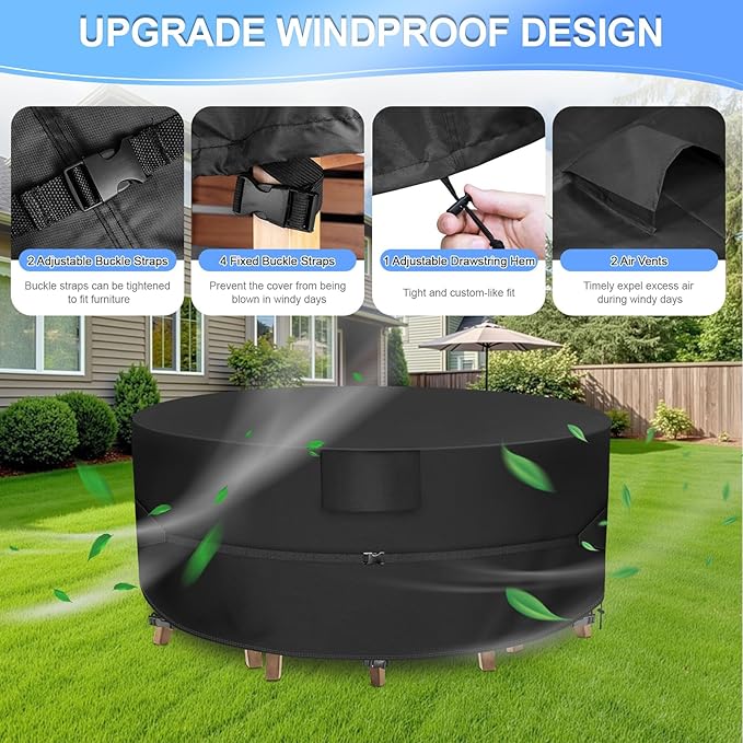 Patio Furniture Set Covers Round, Extra Large Outdoor Table Cover Waterproof, Heavy Duty Outdoor Table and Chair Set Cover of Outdoor Furniture, 110"Dia x 28"H, Black