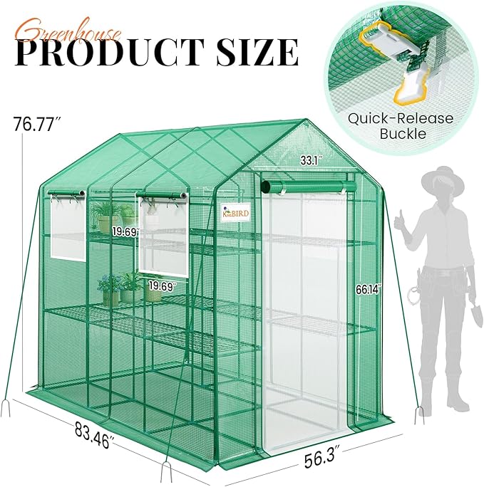 KING BIRD Premium Greenhouse for Outdoors, 84x56x77 Upgraded PVC Cover & Heavy Duty Steel Frame Walk-in Portable Green House for Outside Garden, Screen Windows & Mesh Door, 3 Tiers 14 Shelves, Green