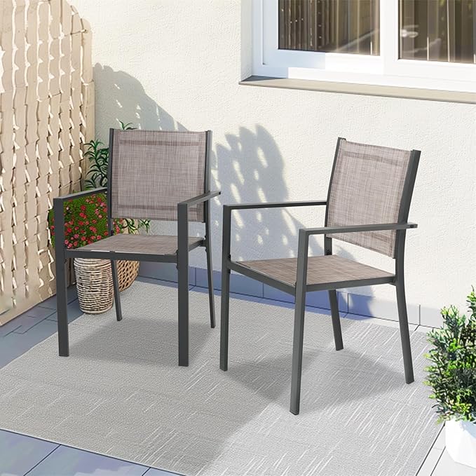 Patio Dining Chairs, All-Weather Textilene Outdoor Dining Chair Set of 4, Heavy-Duty Stackable Minimalist Outdoor Chairs with Armrest, Patio Chairs for Lawn Deck Pool, Brown