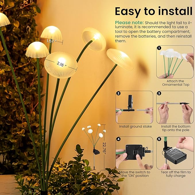 Solar Garden Lights, 6pack Solar Fairy Lights for Outside, Swaying Mushroom Lights Outdoor Decorative, Waterproof Light Decor for Yard,Lawn,Patio,Pathway Decoration(Warm White)