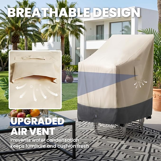 Extra Heavy Duty Stackable Patio Chair Covers Waterproof Up to 8000pa, 2 Pack Patio Furniture Covers for Outdoor Stackable Dining Chairs, Outdoor Seat Cover with Air Vents, 28"W x 36"D x 47"H