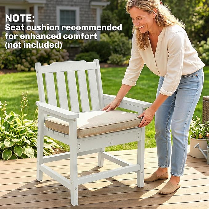 Outsunny All-Weather Patio Chair, HDPE Patio Dining Chair, Heavy Duty Wood-Like Outdoor Furniture for Garden, Backyard, Deck, Porch, Lawn, White