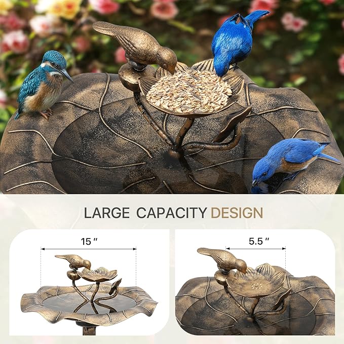 Athena Collection 35'' Outdoor Bird Bath, Vintage Pedestal Birdbath with 2-Tier Fountain Bowl, 5l Polypropylene Bird Bath with Lotus Accents, Garden Patio Yard Lawn Decor for Attracting Birds, Bronze