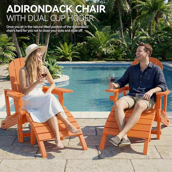 Vongrasig Adirondack Chairs Set of 2 with Removable Tabletop and Footrest, HDPE Plastic Outdoor Chair Set with Wooden Textured, Cup Holder for Patio, Poolside, Garden, Orange, 5 Pieces