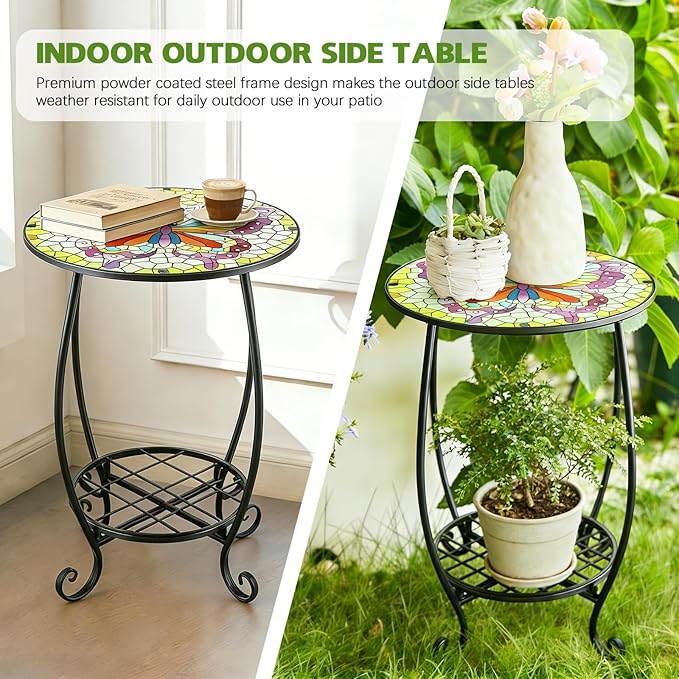 Arbuxzuy 2pcs Small Outdoor Side Table with Colorful Butterfly, Glass Mosaic Patio Table Indoor, Round Plant Coffee Table for Living Room, Balcony, Garden（Butterfly Style）