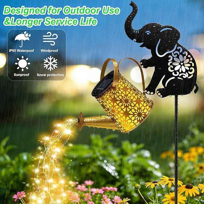 VOOKRY Solar Watering Can Lights Outdoor with Elephant Silhouette Stake, Garden Gifts for Mom, Women & Garden Lovers Waterproof Metal Garden Lantern, Decorative Yard Patio Lawn Pathway Decor(1 Pack)