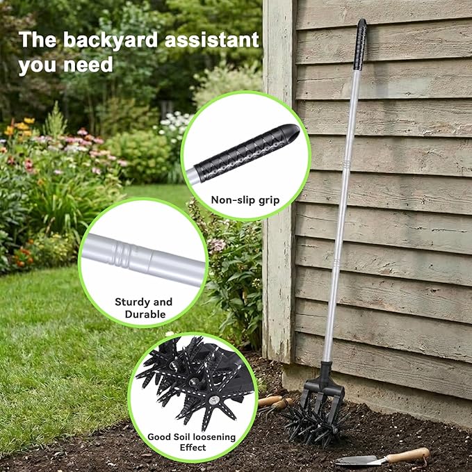 Lightweight Rotary Cultivator Garden Rotary Tiller with Stainless Steel Poles, Anti-Slip Grip, Hand Tiller for Soil Mixing or Reseeding Grass Lawn Tiller Total Length 69 Inch