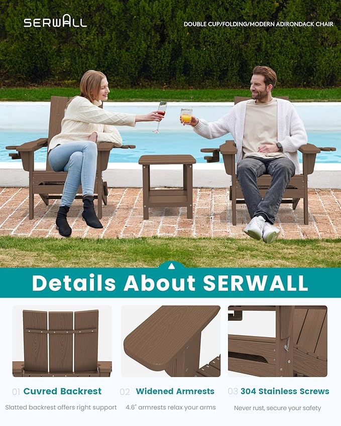 SERWALL Modern Adirondack Chair Set of 2, Folding Adirondack Chair with Cup Holders, Outdoor HDPE Fire Pit Chairs for All Weather Use, Brown