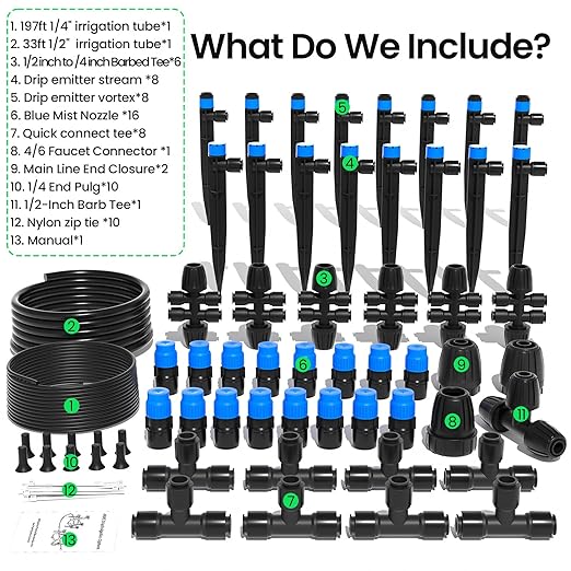 MIXC 230FT Quick-Connect Drip Irrigation System Kit, Automatic Garden Watering System with 1/4" & 1/2" Fast-Lock Tubing - Adjustable Nozzles & Sprinklers for Garden, Greenhouse, Lawn, Potted Plants