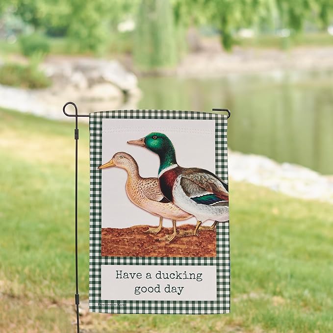 Primitives by Kathy Decorative Double-Sided Garden Flag - "A Ducking Good Day" funny pun, vintage art ducks, green gingham border design, weather resistant, fun yard garden accent