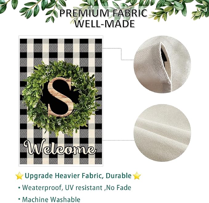 Baccessor Monogram Letter S Garden Flag 12.5 x 18 Inch, Buffalo Plaid Family Last Name Initial Boxwood Wreath Welcome Vertical Double Sided Small Flags for Outdoor Outside Decoration