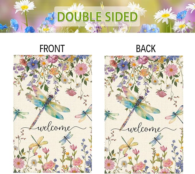 Spring Summer Dragonflies Wildflowers Welcome Garden Flag 12 x 18 Inch Double Sided, Watercolor Floral Burlap Small Yard Flag Holiday Farmhouse Flags for Patio Outdoor Outside Decoration