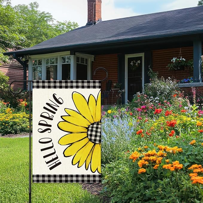 Hello Spring Flags for Outside,Buffalo Plaid Daisy Garden Flag for Yard Patio Lawn Decoration,12x18 Inch Double Sided