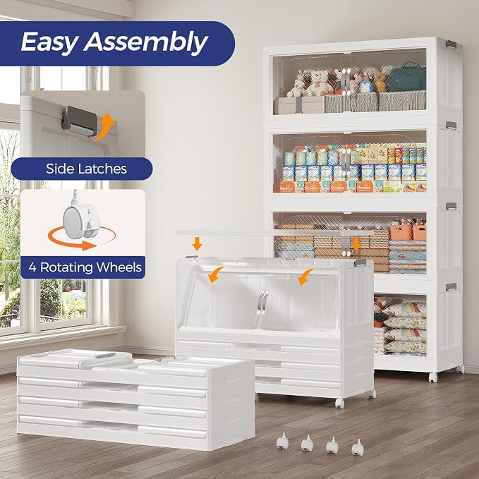 720QT Extra Large Stackable Storage Bins with Lid, 180Gal Plastic Closet Organizers and Storage Drawer, Collapsible Cabinet Box with Wheels Clear Doors for Home Kitchen Garage, 6Pack White