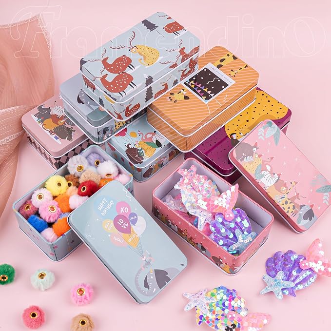 Framendino, 5 Pack Mini Tinplate Storage Boxes Small Empty Cartoon Trinket Jewelry Coin Containers Metal Rectangle Tin for Bead Case (Style C)