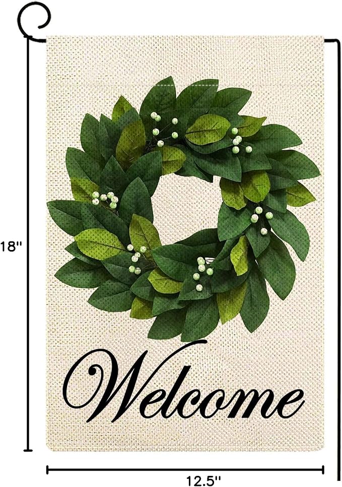 Baccessor Wreath Spring Garden Flag Magnolia Leaves Welcome Small Yard Flag 12.5 X 18 Inch Double Sided Burlap Summer Flag for Outside Decor