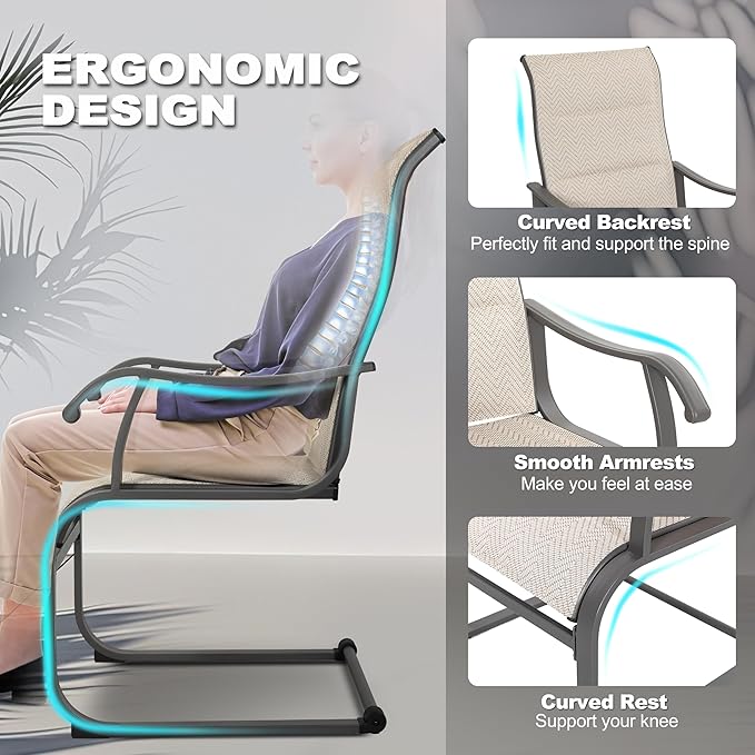 NUU GARDEN Patio Dining Chair Set of 4, Outdoor Spring Motion Chairs with Breathable Textilene, Comfortable Patio Chairs for Deck, Porch, Backyard & Indoor, Grayish Beige