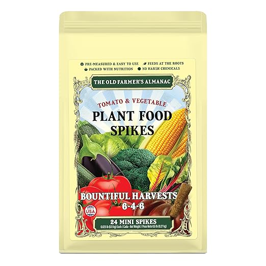 The Old Farmer's Almanac Tomato & Vegetable Plant Food Mini Spikes - NPK 6-4-6 for Continuous Feeding and Bountiful Harvests (24 Mini Spikes)