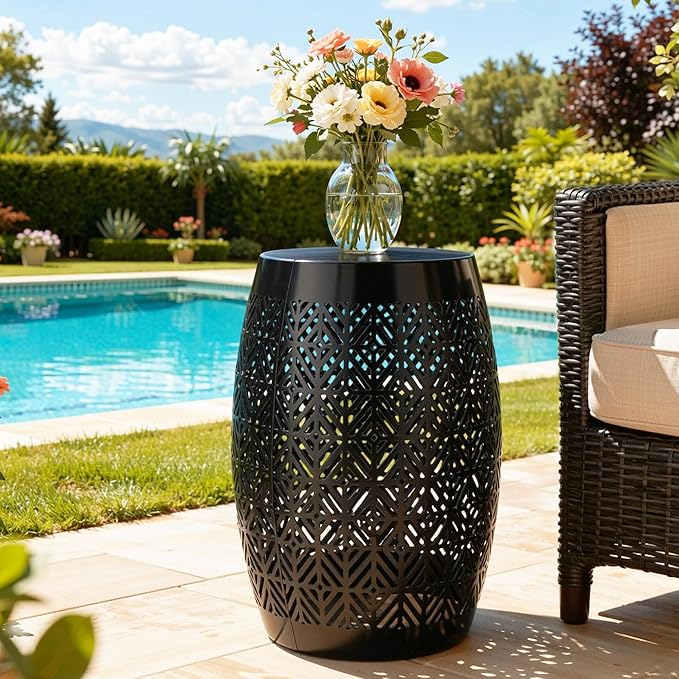 18" Cutout Metal Outdoor Side Table with 3-Mode LED Lights, Modern Decorative Drum End Table, Versatile Coffee Table/Garden Stool/Night Stand/Plant Stand for Patio, Living Room, Bedroom