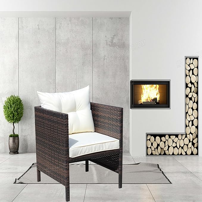 Patio Dining Chairs with Cushions, Outdoor Wicker Chairs for Fire Pit Garden Poolside, Rattan Chair with Beige Seat