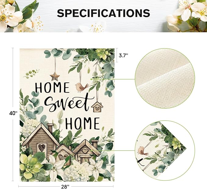 AVOIN colorlife Home Sweet Home Birdhouse Spring Floral House Flag 28x40 Inch Double Sided Outside, Eucalyptus Flowers Seasonal Yard Outdoor Flag