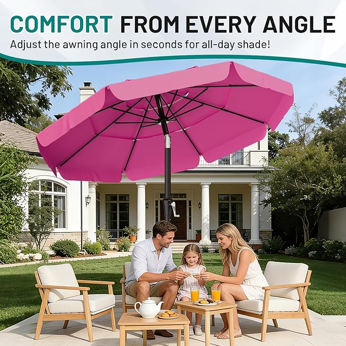 AreShark 9FT 3-Tiers Patio Umbrella with Valance, Outdoor Umbrellas with Crank/Tilt, Table Market Umbrella Vented w/ 8 Sturdy Ribs for Garden, Deck, Backyard, and Pool, Rose Pink