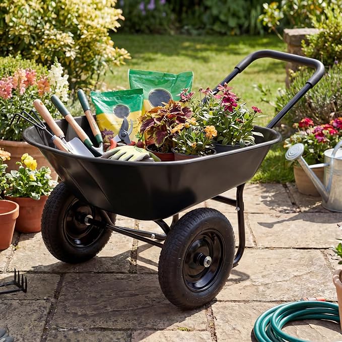 Goplus 2 Wheel Wheelbarrow, Dual Wheel Barrow with 14 inches Pneumatic Rubber Tires, 330 lbs Capacity Garden Yard Cart for Gardening Tool, Moving Soil, Wood, Gravel, Mulch