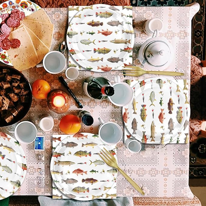 48Pcs Go Fishing Birthday Party Decorations - Ofishally One Gone Fishing Paper Plates Napkins Forks Birthday or Baby Shower Supplies Set for 16 Guests