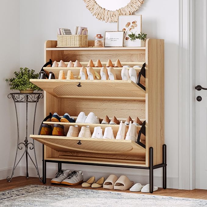 IRONCK Rattan Shoe Cabinet Storage with 2 Flip Drawers, Oak