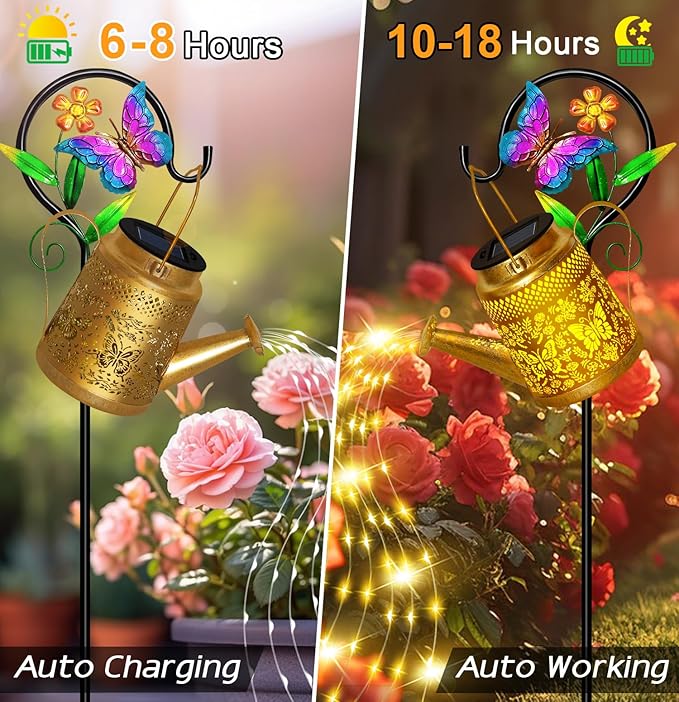 Solar Watering Can Lights Outdoor Garden Decor, Large Butterfly Hanging Lantern with Shepherd Hook, Waterproof Garden Lights for Outdoor Landscape Pathway Yard, Gift for Mom Grandma Mother Gifts