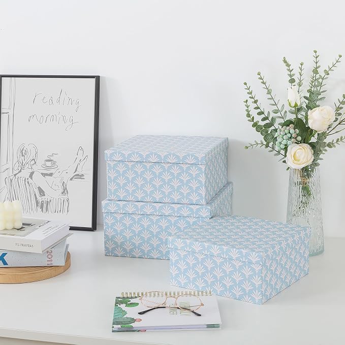 Soul & Lane - Square 11x11 Decorative Boxes with Lids, Set of 3, Deco Sky | Nesting Cardboard Storage Containers for Home Decor and Organizing, Cute Pretty Light Blue Keepsake and Memory Boxes