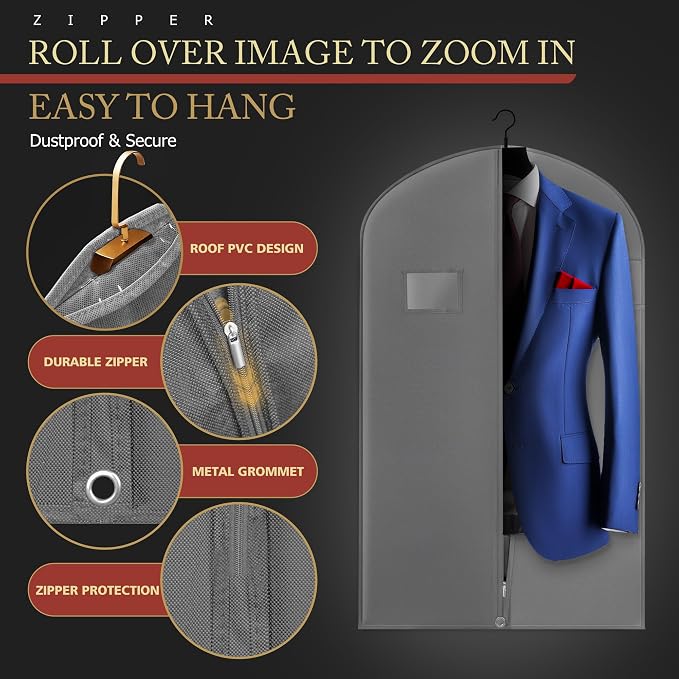 Hleelomi 5 Pack 40-in Garment Bag for Hanging Clothes Suit Bag Gray