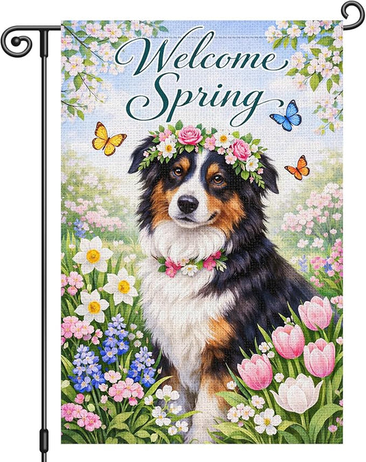 Heyfibro Welcome Spring Garden Flag 12x18 Inch Double Sided Australian Shepherd Dog Garden Flag Small Yard Flags for Outside House Farmhouse Seasonal Spring Outdoor Decorations