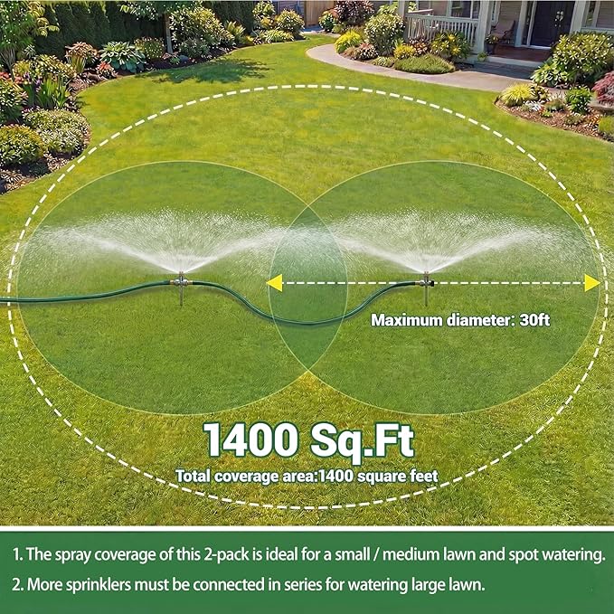 Lawn Sprinkler for Yard, 2 Pack Coverage Metal Water Sprinklers with Aluminum Alloy Stake Base, Adjustable Brass Nozzle for Yards Garden Vegetable Small/Medium Lawn Irrigation