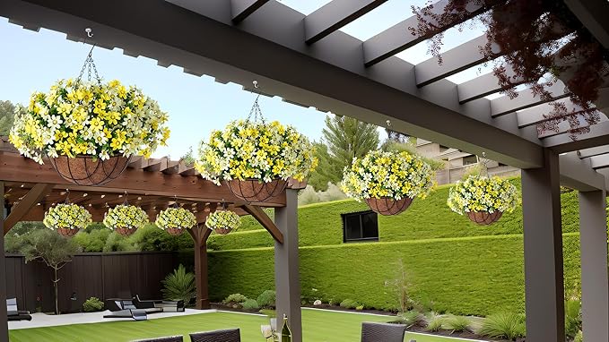 INXUGAO Artificial Flowers with Hanging Planter for Outdoor Decor, Faux Silk Daisy UV Resistant Plants in Basket for Indoor Porch Garden Yard Spring Summer Decor(Yellow)